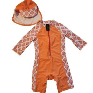 Bonverano Kids Orange Damask Rash Guard Swimsuit and Sun Hat Set 12-18M UPF 50+